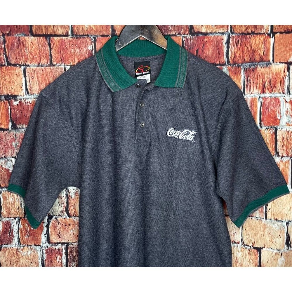 VTG Coca-Cola Men’s Medium Gray Green Short Sleeve Polo Shirt St Claire Apparel
